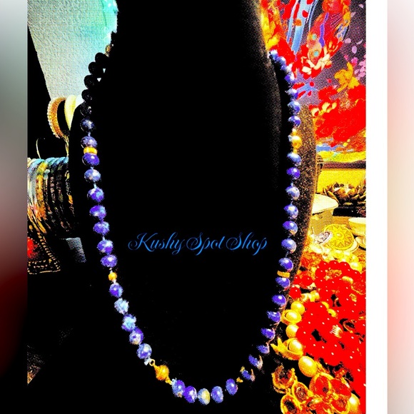 Vintage Lapiz w/ Gold Specks Stone Beads Goldtone Bead π΅βοΈ Long Necklace β¨π΅β¨π΅ - Picture 2 of 2